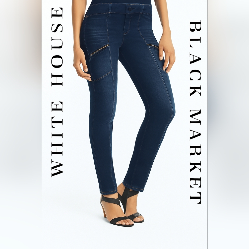 WHITE HOUSE BLACK MARKET Blue Skinny Moto Denim Jeans Zipper Details‎ (#1,555)
